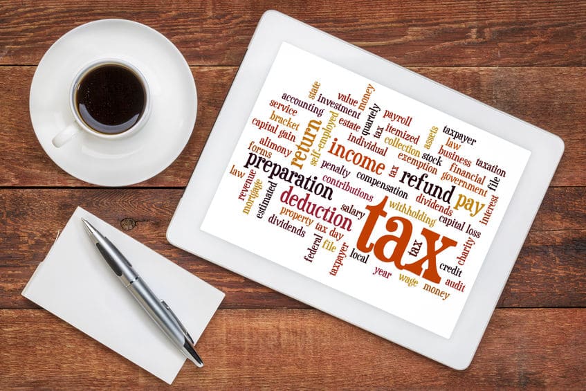 Tax reform word cloud and coffee cup